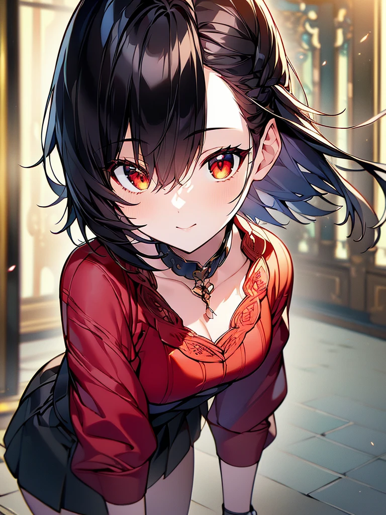 (masterpiece, highest quality, highest quality, (No text), Beautiful and aesthetic:1.2),No text,アニメ、BREAK,One Girl，Black Hair Girl　short hair　older sister　choker　Beautiful eyes　Red eyes　cool　smile　Red and Black　Black jacket　profile　mini skirt　whole body　In town