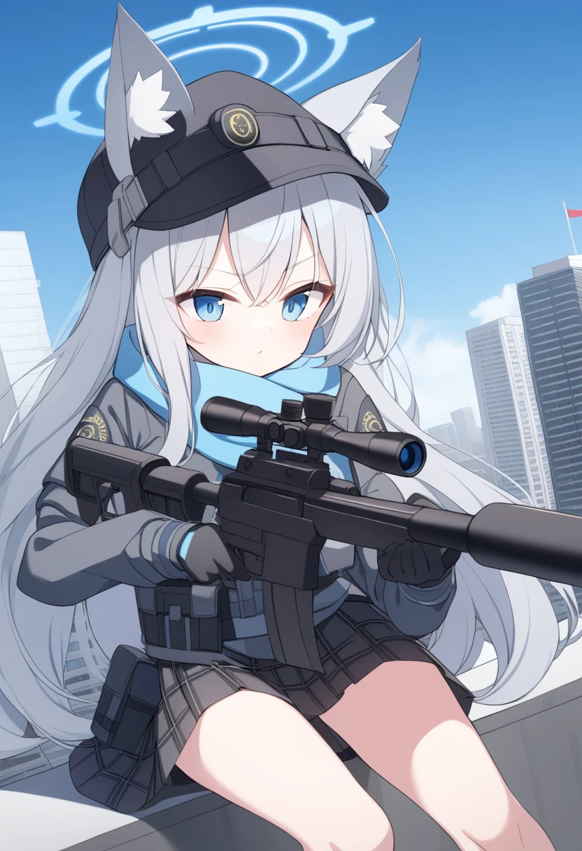 girl，Silver long hair, blue eyes, Wear body armor,Wearing a black mask，A sky blue scarf, Black gloves, And black plaid skirt, On the rooftop of a high-rise building，blue halo，Black Hat，Gray wolf ears，Holding a Sniper rifle and aiming，With tactical headsets