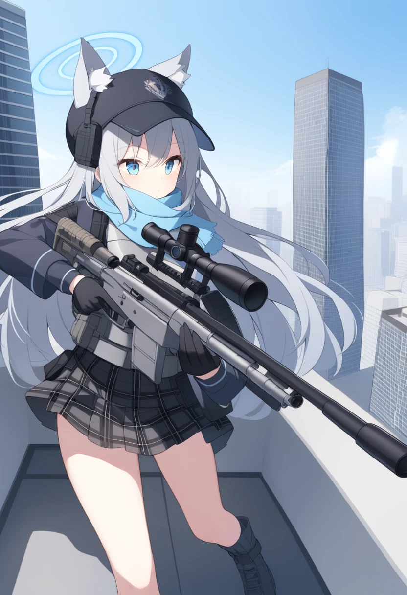 girl，Silver long hair, blue eyes, Wear body armor,Wearing a black mask，A sky blue scarf, Black gloves, And black plaid skirt, On the rooftop of a high-rise building，blue halo，Black Hat，Gray wolf ears，Holding a Sniper rifle and aiming，With tactical headsets