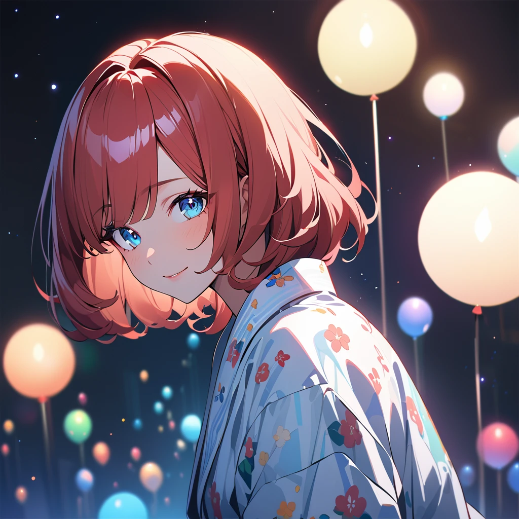 1 girl,Redhead Bob Cut、Long Bangs、Blue Eyes、Light blue floral yukata 、smile、From the front towards you、profile,In 8K, Surreal, Lens flare,A fun atmosphere, Shine, In detail, complicated, Many colors, Bright lighting,Bright Face、Trending on Art Station,, Surreal,, Extremely detailed, Unreal Engine 5, masterpiece, Highest quality、Upper Body、Festival、firework