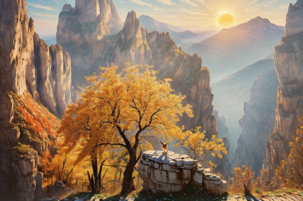 Magic Digital Illustration, surrealism, sunrise, abandoned city in the mountains, autumn, forest grow on the mountains, huge cute spirit fox lying on a building, mountain eagle flying in the foreground, the sun is shining on the right, calm peaceful atmosphere, natural light, magical light, visible brush strokes, (( Artem Chebokha, Devin Elle Kurtz, (Rossdraws style) )), Peter Morbacher style, awarded at artstation, cinematic light