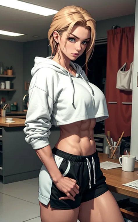 muscular female, muscle mommy, milf, large breasts,1girl,solo,abs,Cropped hoodie and jogger shorts with a drawstring waistband