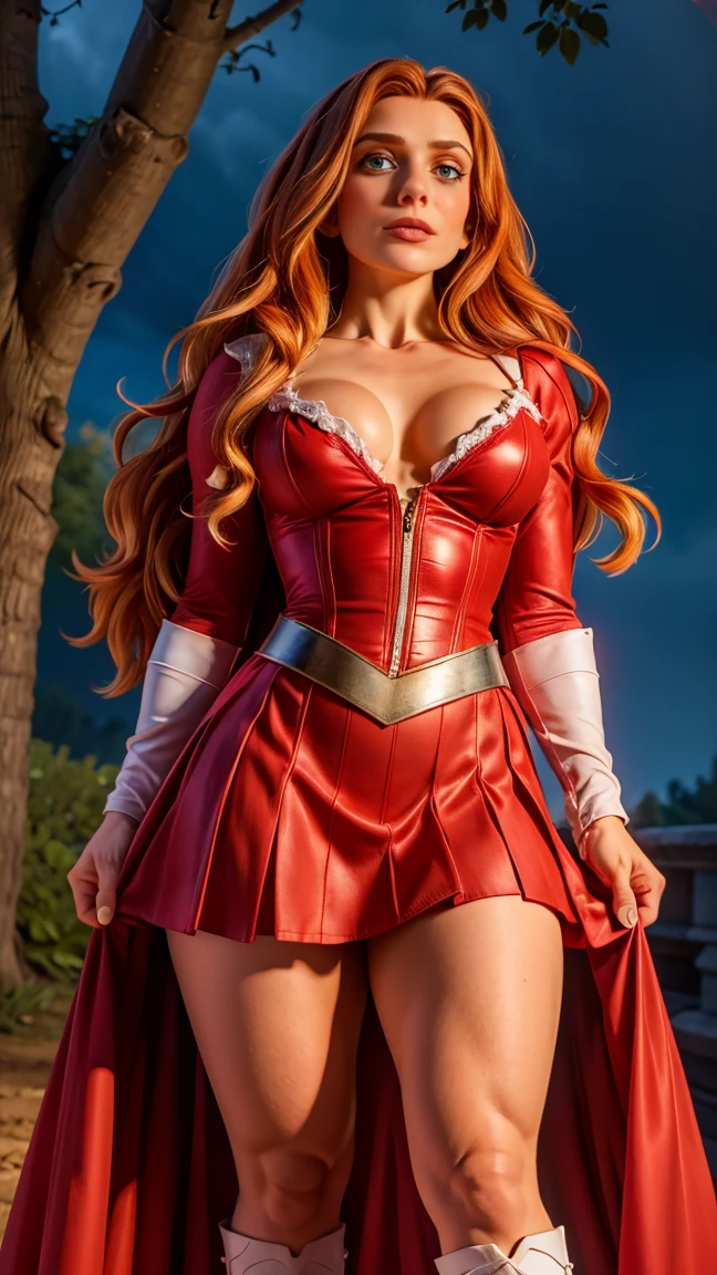 8K, Ultra HD, Super details, high quality, High resolution. The heroine Scarlet Witch looks beautiful in a full-length photo, her body is sculptural, her long wavy red hair shines in perfect combination with her white skin, her bright blue eyes mesmerize everyone. She is wearing her heroine costume which consists of a red corset with red cape, red skirt and red boots. She also wears a red tiara. She is very sexy, drawing attention to her big breasts and thick legs. She is in an enchanting forest under the moonlight.