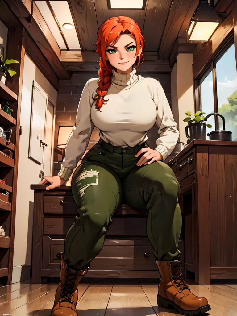 (best quality,4k,8k,highres,masterpiece:1.2),ultra-detailed,realistic:1.37,portrait, very sexy   girl lesbian redhead, braided hair, beautiful green eye, seductive, warm sweater,  camouflage beanie, camouflage pants, army boots, smirking, cozy lighting, vibrant colors. Futanari, lewd,    night, crotesc ,  erotic 