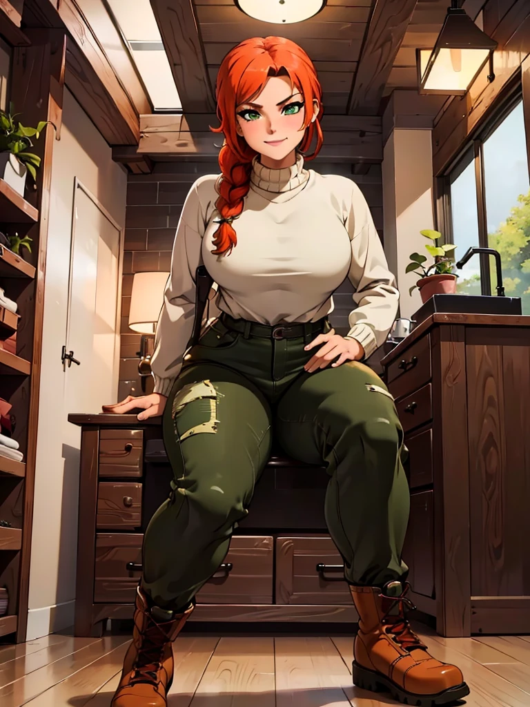 (best quality,4k,8k,highres,masterpiece:1.2),ultra-detailed,realistic:1.37,portrait, very sexy   girl lesbian redhead, braided hair, beautiful green eye, seductive, warm sweater,  camouflage beanie, camouflage pants, army boots, smirking, cozy lighting, vibrant colors. Futanari, lewd,    night, crotesc ,  erotic 