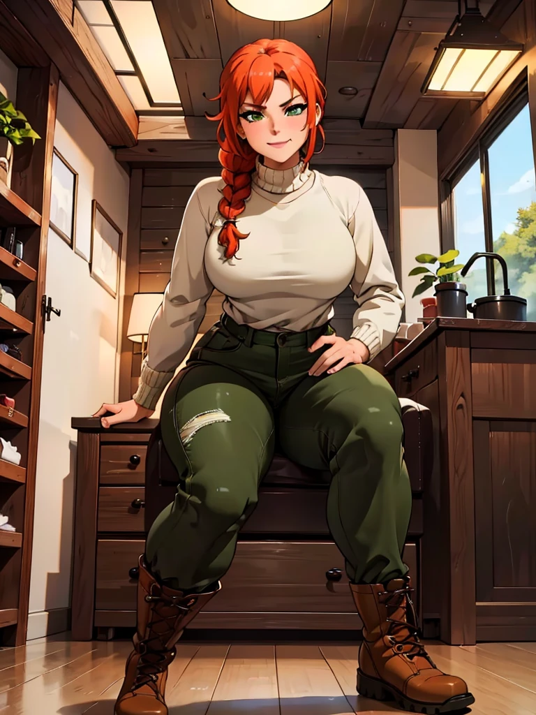 (best quality,4k,8k,highres,masterpiece:1.2),ultra-detailed,realistic:1.37,portrait, very sexy   girl lesbian redhead, braided hair, beautiful green eye, seductive, warm sweater,  camouflage beanie, camouflage pants, army boots, smirking, cozy lighting, vibrant colors. Futanari, lewd,    night, crotesc ,  erotic 