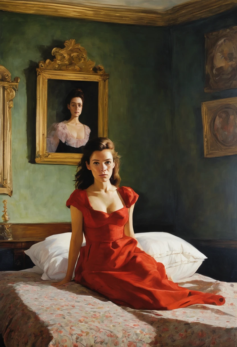 A 16 y.o. maitresse, Anna Friel, on a bed, Old Oil Painting of by g0ya