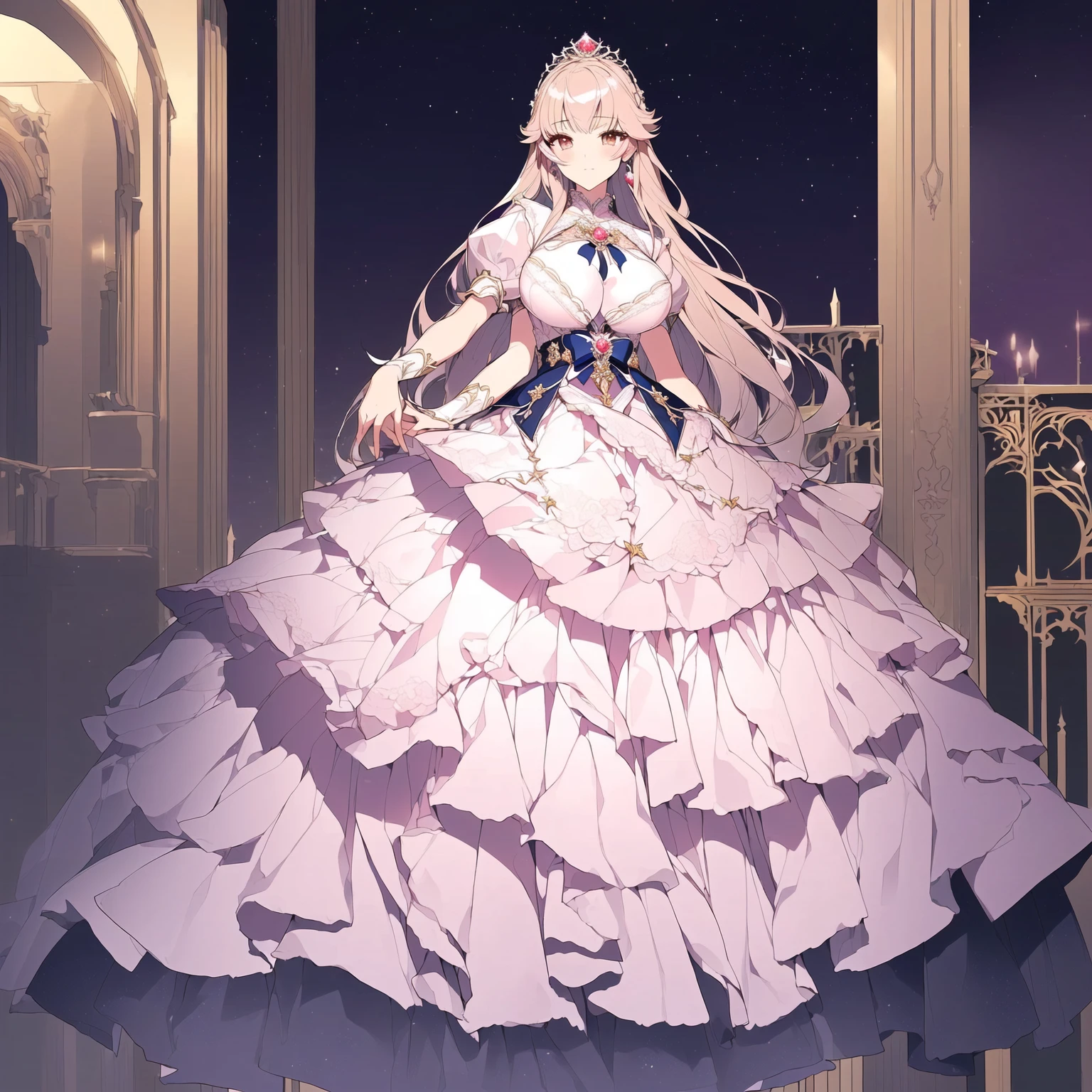 ((Anime cute art style)),(((digital))),Noble atmosphere,(masterpiece), (best quality), (Super detailed),illustration,(Very delicate and beautiful),Dynamic angle,looking at the audience,(((solitary))),((whole body)),(((1 Gorgeous and noble princess in wide skirt))),jewel eye,(Very long hair),Gorgeous embroidery and lace,transparent,gorgeous ruffles,(Huge breasts,Long Breasts),(Gorgeous ball gown with loose skirt),