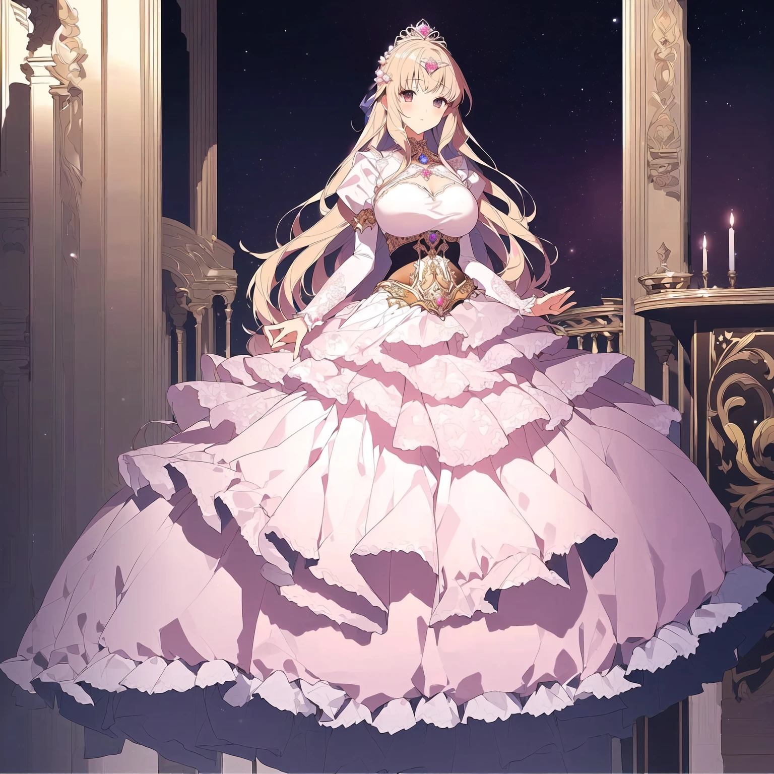 ((Anime cute art style)),(((digital))),Noble atmosphere,(masterpiece), (best quality), (Super detailed),illustration,(Very delicate and beautiful),Dynamic angle,looking at the audience,(((solitary))),((whole body)),(((1 Gorgeous and noble princess in wide skirt))),jewel eye,(Very long hair),Gorgeous embroidery and lace,transparent,gorgeous ruffles,(Huge breasts,Long Breasts),(Gorgeous ball gown with loose skirt),