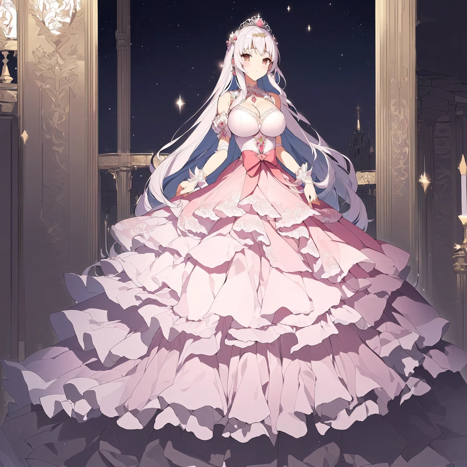 ((Anime cute art style)),(((digital))),Noble atmosphere,(masterpiece), (best quality), (Super detailed),illustration,(Very delicate and beautiful),Dynamic angle,looking at the audience,(((solitary))),((whole body)),(((1 Gorgeous and noble princess in wide skirt))),jewel eye,(Very long hair),Gorgeous embroidery and lace,transparent,gorgeous ruffles,(Huge breasts,Long Breasts),(Gorgeous ball gown with loose skirt),