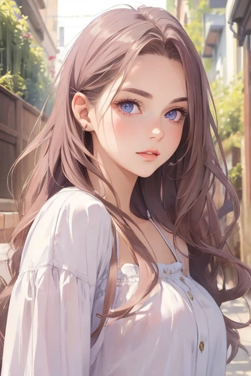 ((best quality)), ((masterpiece)), (detailed), realistic perfect face a cute 18 years old girl realistic lilac eyes, long colour brown hair, normal clothes