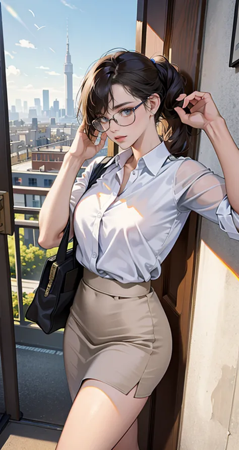 masterpiece, best quality, (wake up),distance, outdoors, city, market price,
1 girl, alone, telegraph slang, 
office lady,glasse...