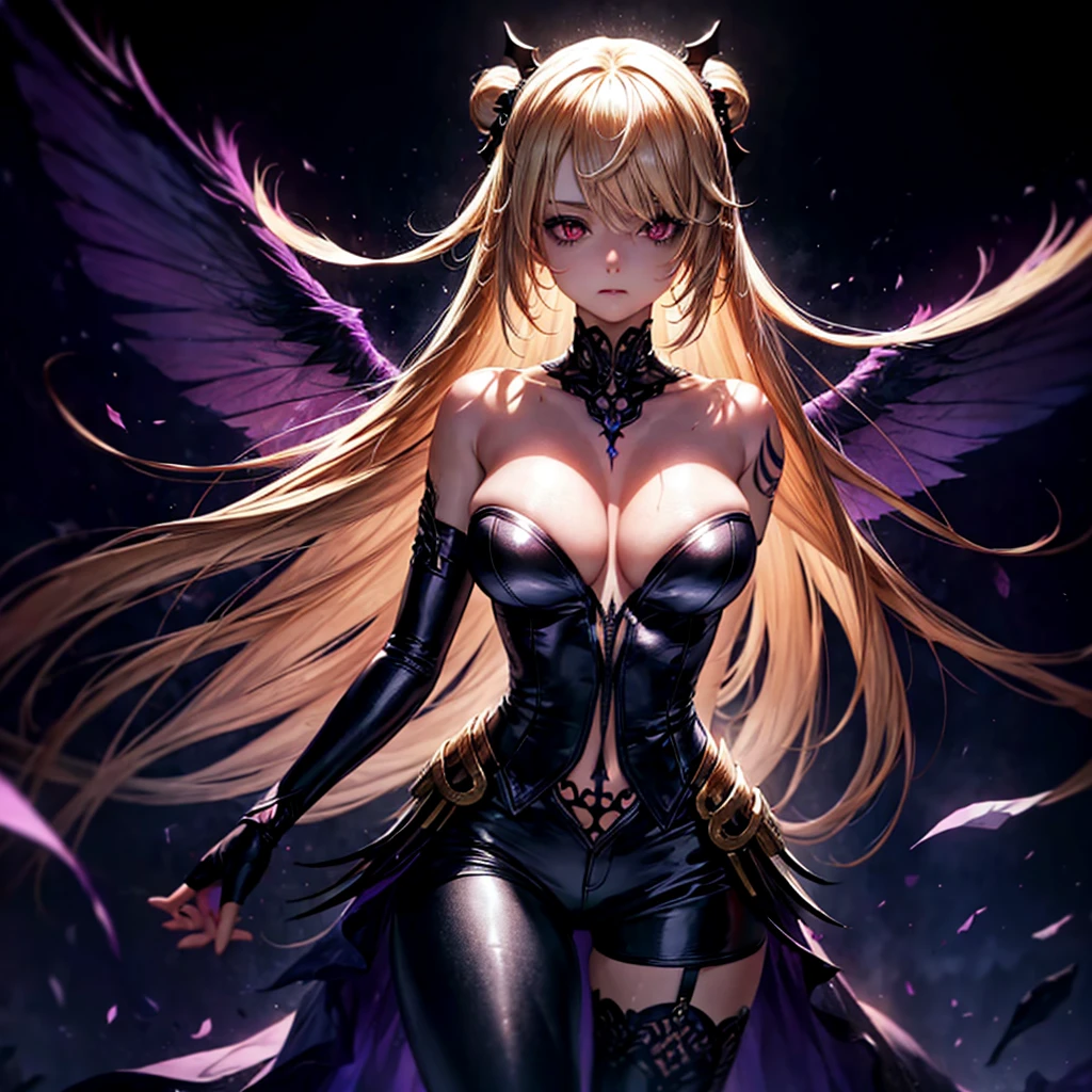 (1 girl, standing alone, AngelT), pink eyes, blonde hair with purple tips, long straight hair, black pants, partially nude, tempting outfit, tattoo marks on the body, wings, gaping mouth, looking ahead at viewer, eyes wide open, confused expression, black goddess, Veil on head, sleeveless divine outfit,ultra realistic skin, breasts big, air of mystique,4K, ultra realistic skin