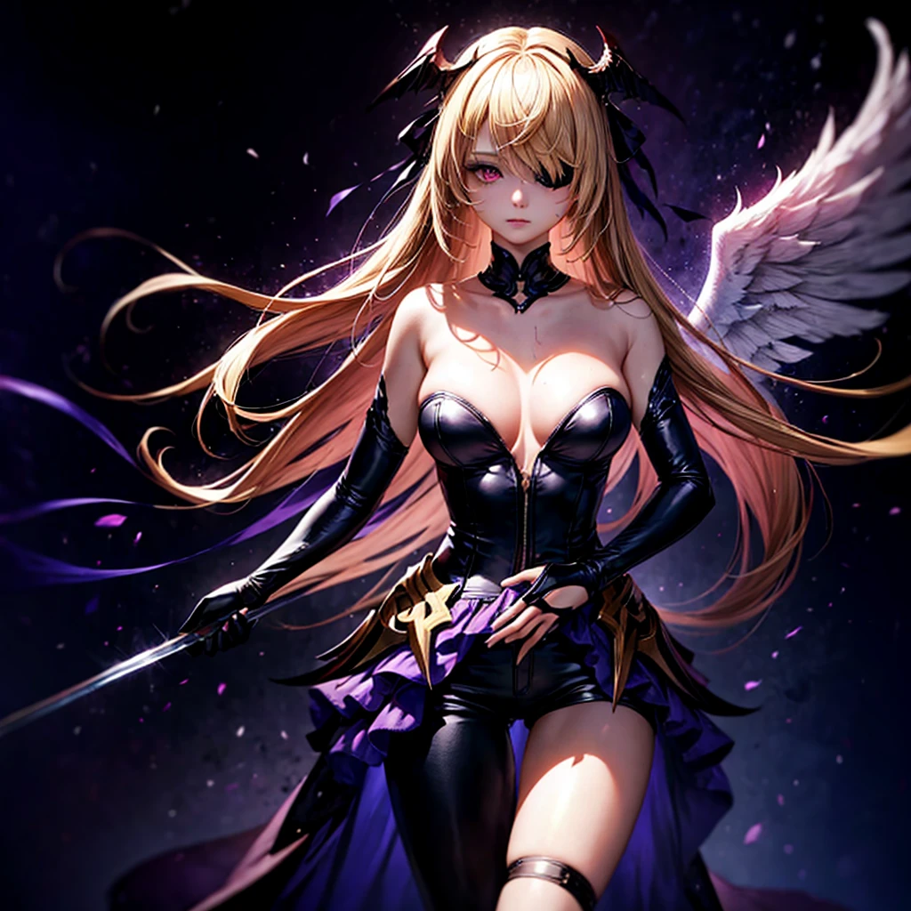 (1 girl, standing alone, AngelT), pink eyes, blonde hair with purple tips, long straight hair, black pants, partially nude, tempting outfit, tattoo marks on the body, wings, gaping mouth, looking ahead at viewer, eyes wide open, confused expression, black goddess, Veil on head, sleeveless divine outfit,ultra realistic skin, breasts big, air of mystique,4K, ultra realistic skin