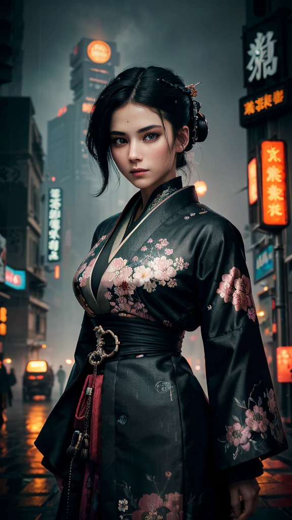 ((Highest quality)), ((masterpiece)), (Very detailed: 1.3), 3d, (dark: 1.3), (fog: 1.2), Cyberpunk City, Beautiful cyberpunk woman 1 girl, (sf: 1.3), (((taisho roman)), Nematic Lights, Face Focus, Machinery bag, Dense floral patterned fabric, rain,