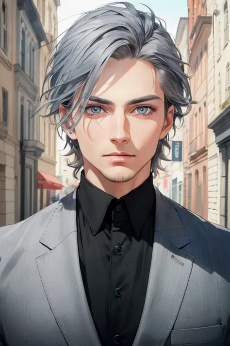 ((best quality)), ((masterpiece)), (detailed), realistic perfect face a 32 years men realistic blue eyes, colour black and gray ...