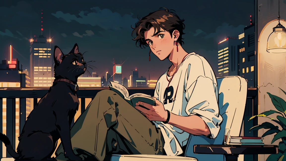 best quality, 8k, 1990s style,2010s hairstyles, 21-year-old boy, black hair, light brown eyes, city pop, pants ,night view, wearing headphones,reading a book, whole body,  relax coffee,table,confection,Looking at me, Black cat
