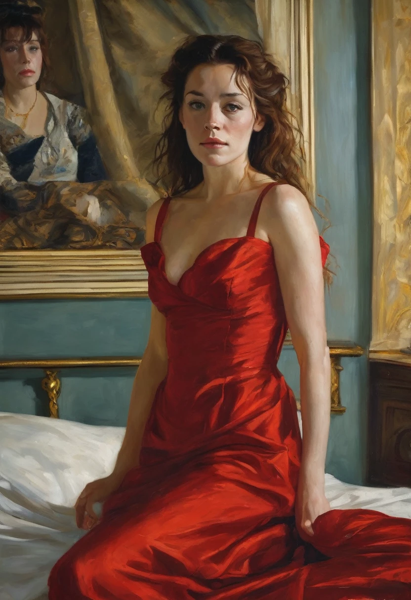 A 16 y.o. maitresse, Anna Friel, in red dress, on a bed, bare shoulders, bare knees, Old Oil Painting of by g0ya