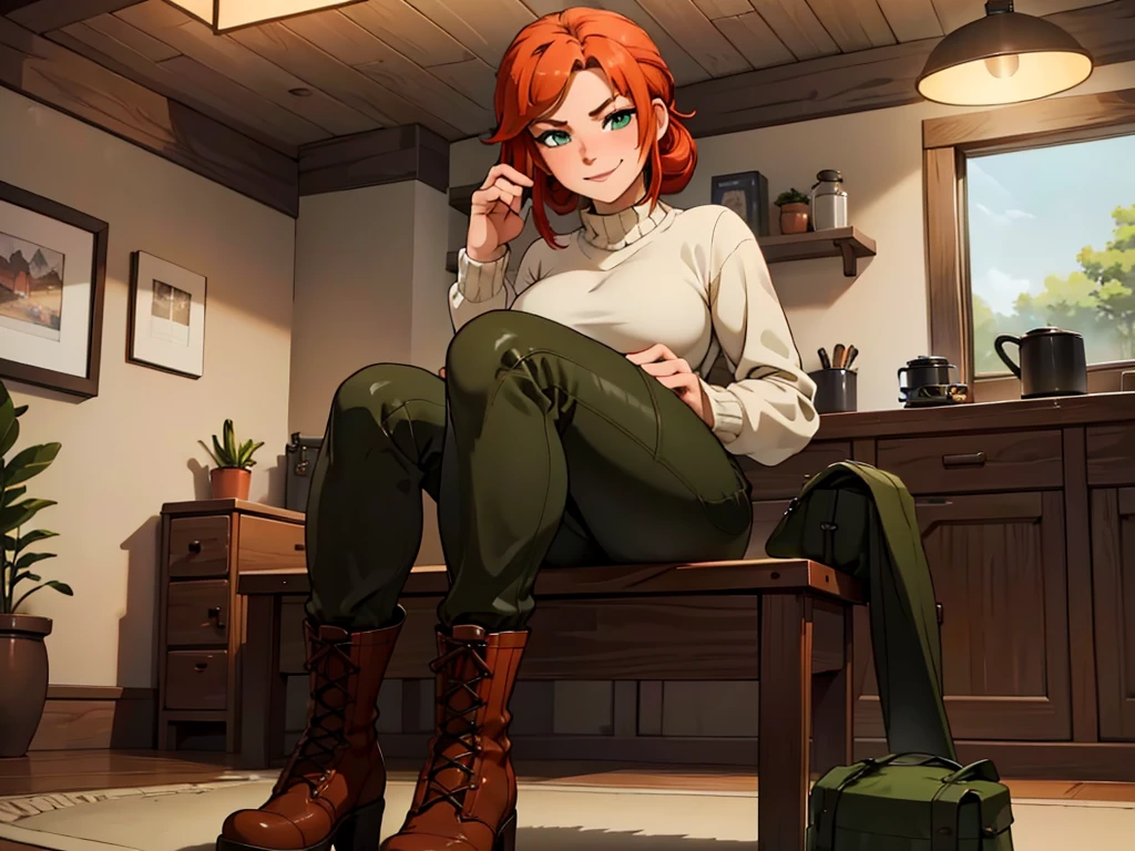 (best quality,4k,8k,highres,masterpiece:1.2),ultra-detailed,realistic:1.37,portrait, anthro very sexy bandicoot  girl lesbian redhead, braided hair, beautiful green eyes, seductive, warm sweater, hants to camouflage pants, army boots, smirking, cozy lighting, vibrant colors. Futanari, lewd,    night, crotesc , hants to boots 