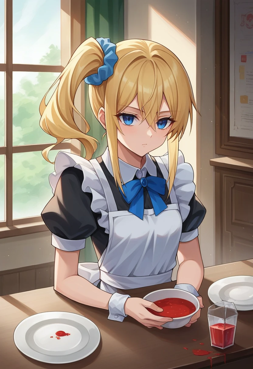 score_9, score_6_superior, sauce_anime, One girl, alone, indoor, Mansion, Highschool, blue eyes, Blonde, Side Ponytail, Blue Scrunchie, Maid&#39;s Headdress, Black vest, White shirt, Long sleeve, White Ascot, Waist apron, Expressionless 、Huge breasts:1.5、Big Breasts:2、blush、Staring at a huge penis、Embarrassed face:0.6