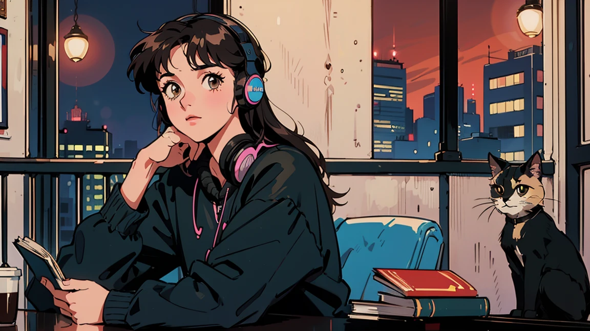 best quality, 8k, 1990s style,2010s hairstyles, 21 year old girl, black hair, long hair, light brown eyes, city pop, pants ,night view, wearing headphones,reading a book, whole body,  relax coffee,table,confection,Looking at me, Black cat
