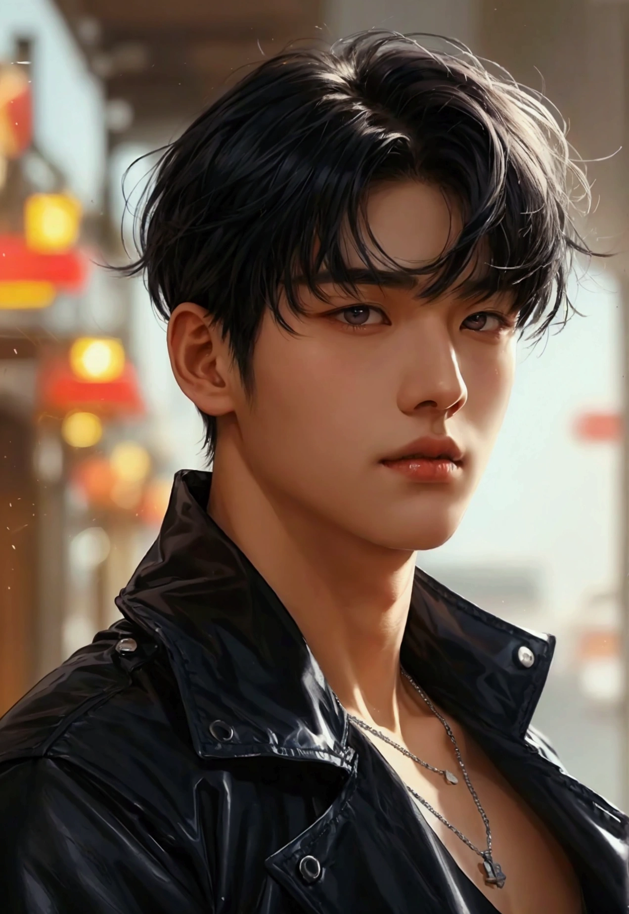 a man, Korean type, black jacket, navy pants, silver necklace, black hair, bowl cut, brown eyes, medium long hair, bad boy