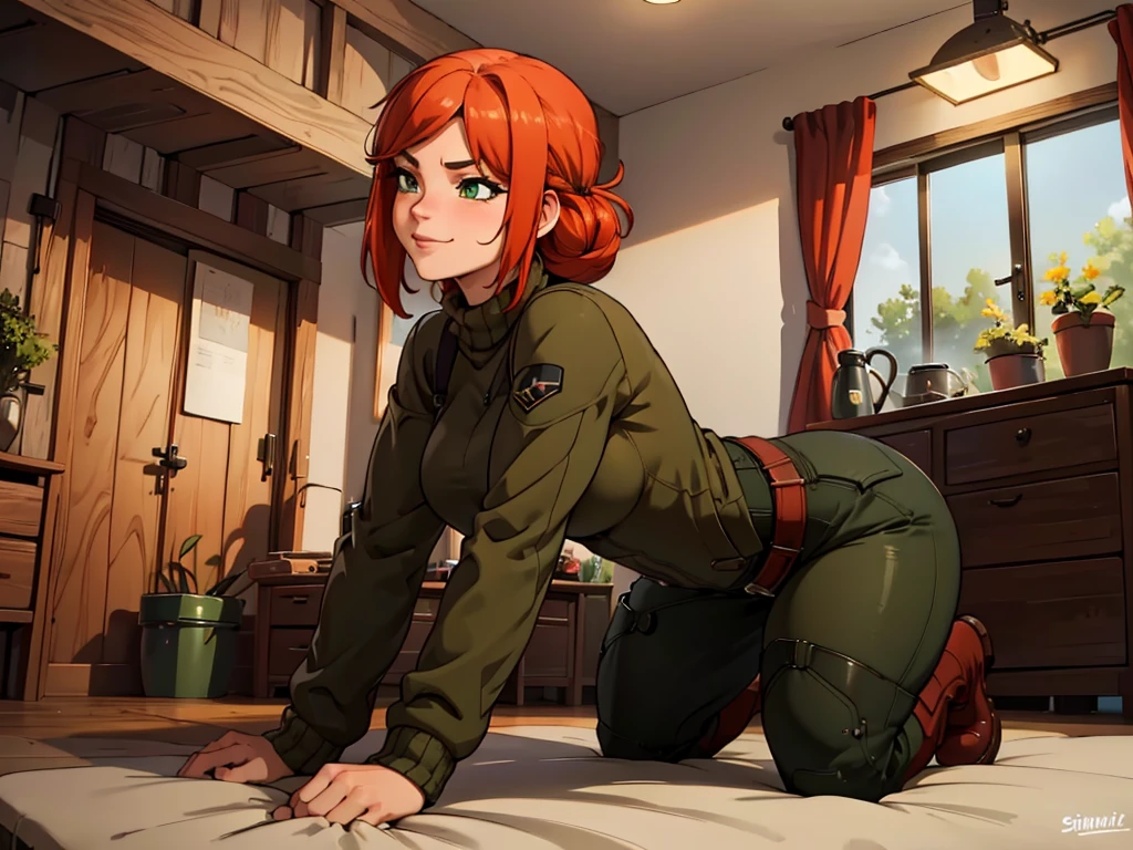 (best quality,4k,8k,highres,masterpiece:1.2),ultra-detailed,realistic:1.37,portrait, anthro very sexy bandicoot  girl lesbian redhead, braided hair, beautiful green eyes, seductive, warm sweater, camouflage pants, army boots, smirking, cozy lighting, vibrant colors. Futanari, lewd,    night, crotesc , hants to boots 