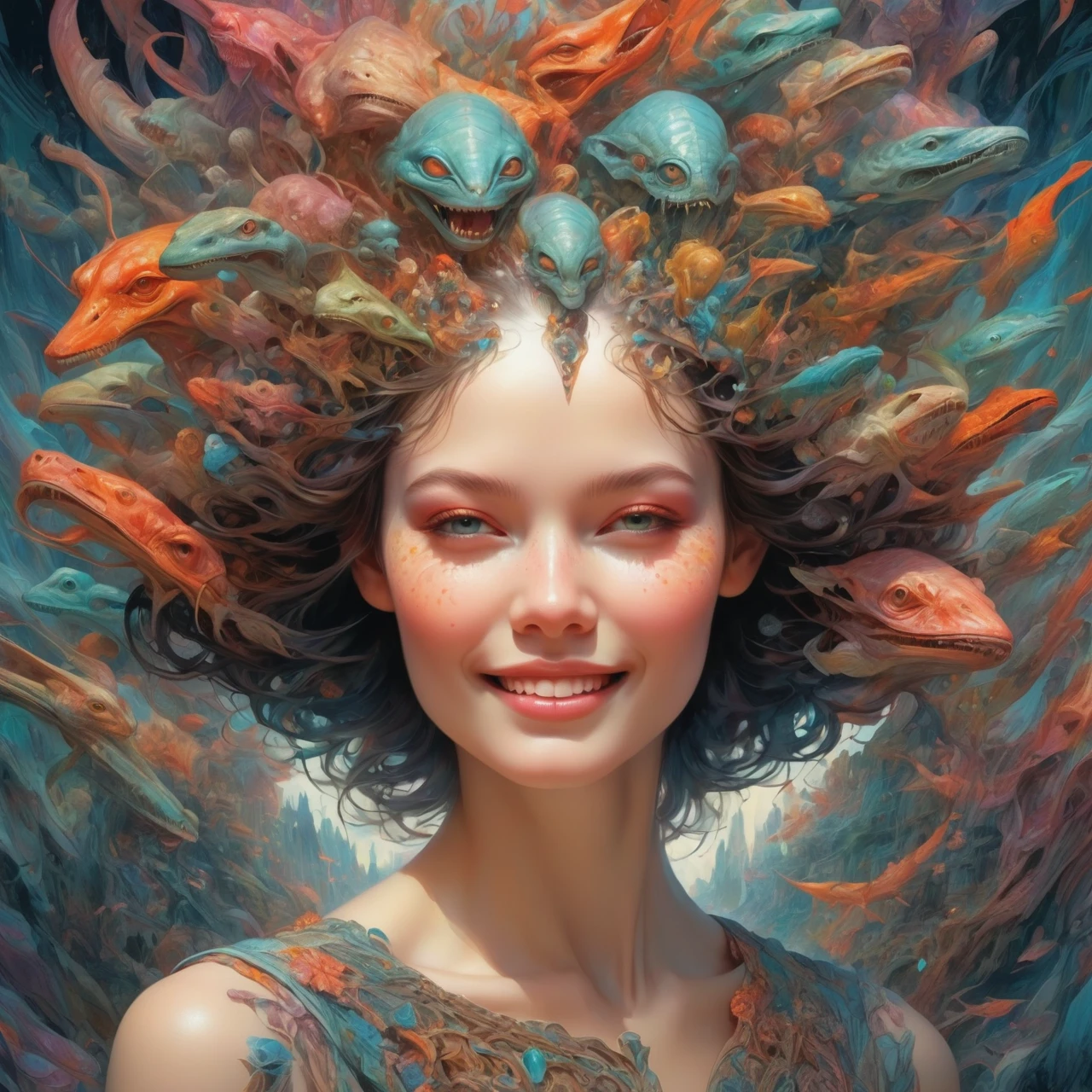 a  with a full head of intricate scars, smiling at a group of impressionistic, alien-like creatures, in a fantastical, otherworldly environment, vibrant colors, cinematic lighting, by Aleksi Briclot and Quentin Deronzier

a geometric diagram of a classically beautiful face, inspired by the BeautyPlus project, showcasing the intricate distortions and movements of the zygomatic and occipital regions, bathed in an impressionist, almost organic color palette, Zoroastrian-influenced