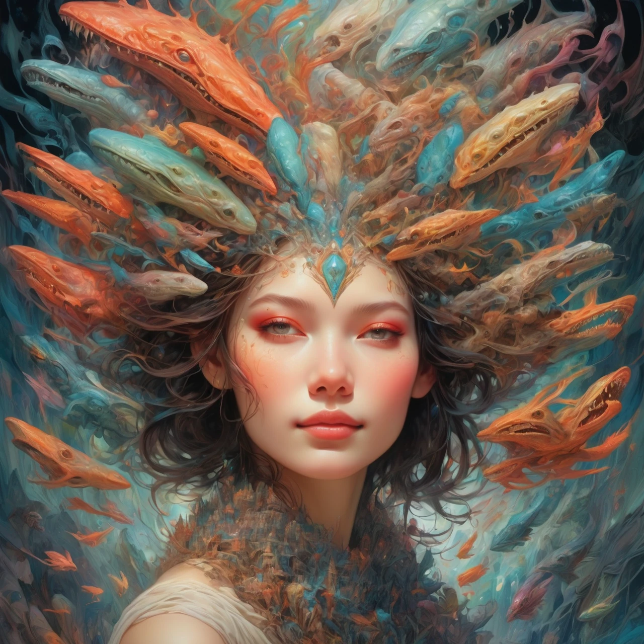 a  with a full head of intricate scars, smiling at a group of impressionistic, alien-like creatures, in a fantastical, otherworldly environment, vibrant colors, cinematic lighting, by Aleksi Briclot and Quentin Deronzier

a geometric diagram of a classically beautiful face, inspired by the BeautyPlus project, showcasing the intricate distortions and movements of the zygomatic and occipital regions, bathed in an impressionist, almost organic color palette, Zoroastrian-influenced