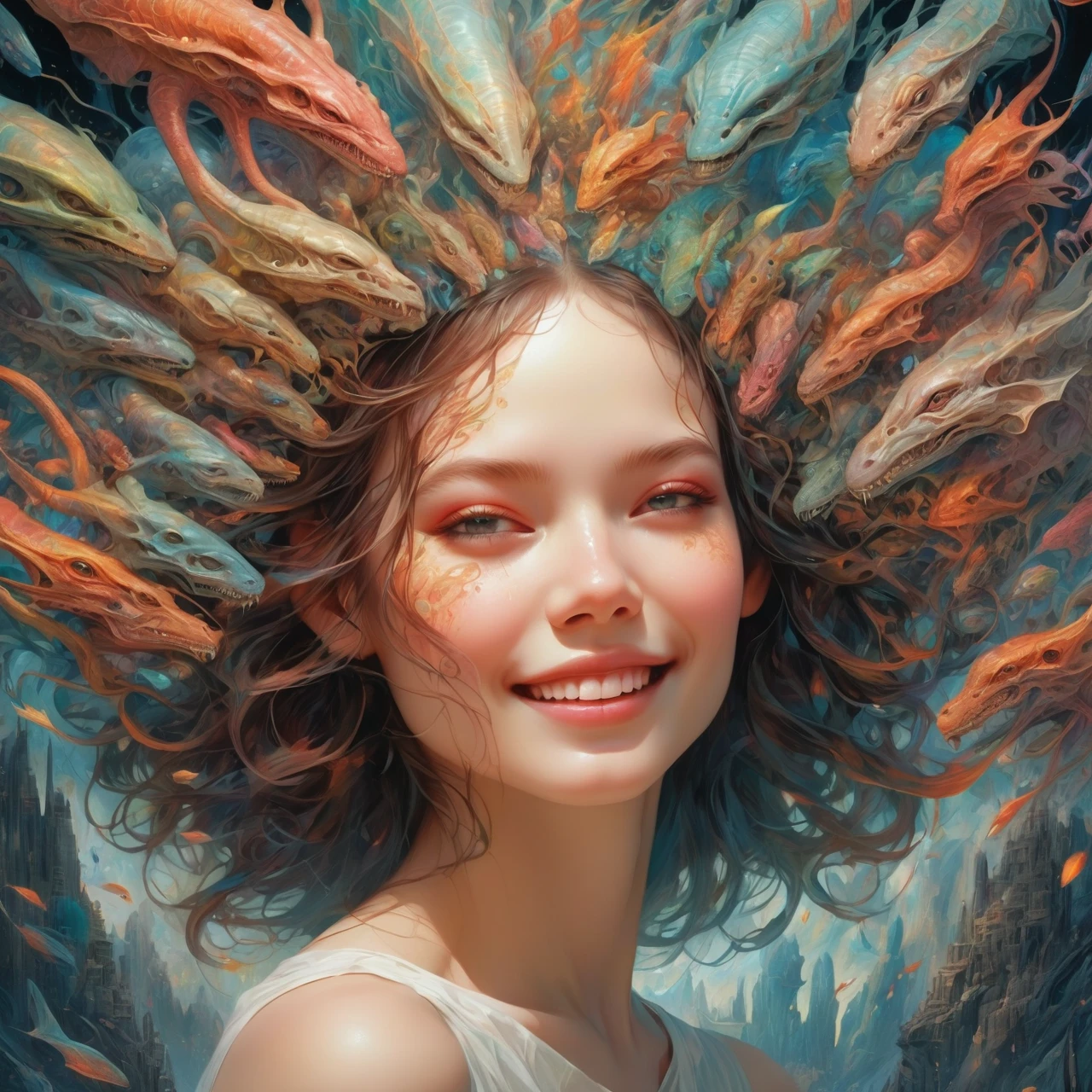 a  with a full head of intricate scars, smiling at a group of impressionistic, alien-like creatures, in a fantastical, otherworldly environment, vibrant colors, cinematic lighting, by Aleksi Briclot and Quentin Deronzier

a geometric diagram of a classically beautiful face, inspired by the BeautyPlus project, showcasing the intricate distortions and movements of the zygomatic and occipital regions, bathed in an impressionist, almost organic color palette, Zoroastrian-influenced