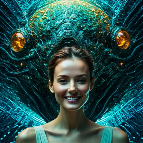 a  with a full head of intricate scars, smiling at a group of impressionistic, alien-like creatures, in a fantastical, otherworl...
