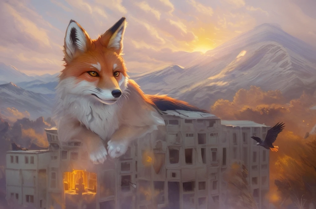 Magic Digital Illustration, surrealism, sunrise, abandoned city in the mountains, autumn, forest grow on the mountains, huge cute spirit fox lying on a building, mountain eagle flying in the foreground, the sun is shining on the right, calm peaceful atmosphere, natural light, magical light, visible brush strokes, (( Artem Chebokha, Devin Elle Kurtz, (Rossdraws style) )), Peter Morbacher style, awarded at artstation, cinematic light