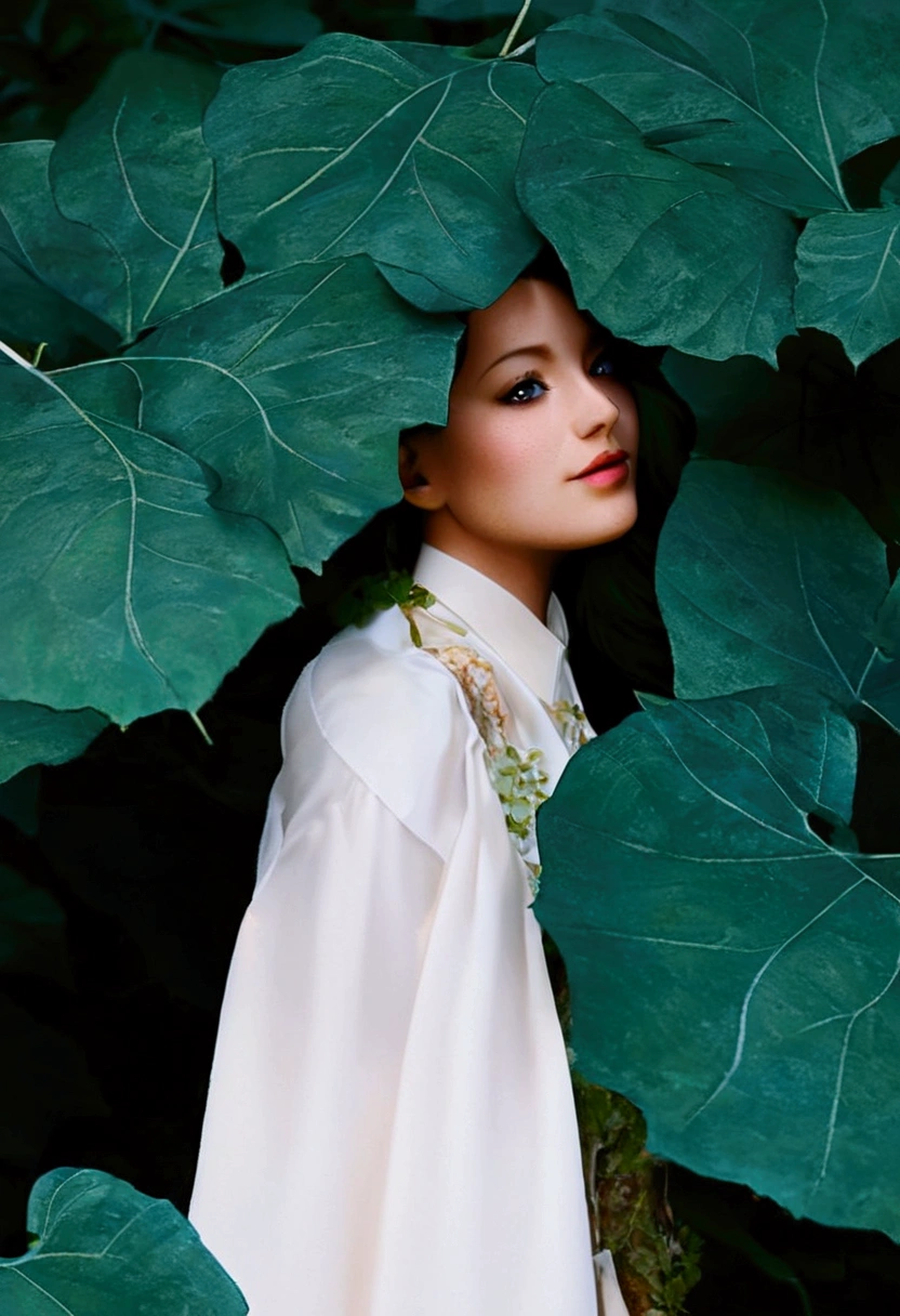 Aarav woman wearing a white shirt and floral dress stands in front of a large green leaf., Among the leaves, Jinyoung Shin, Seson Yoon, Taejoon Kim, Jill Sander&#39;s official editorial., Inspired by Ren Hang, Kwak Ji Young, Inspiration from Jung Park, Inspired by Jeon Seok Lee, According to Renhang style, In the midst of nature, jin kim