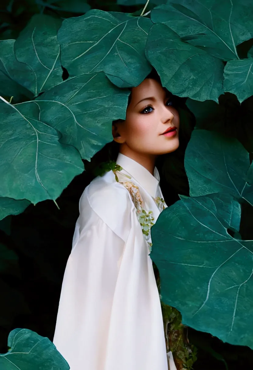 Aarav woman wearing a white shirt and floral dress stands in front of a large green leaf., Among the leaves, Jinyoung Shin, Seso...