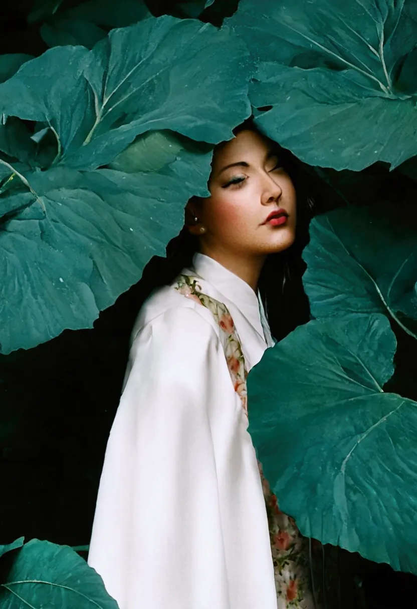 Aarav woman wearing a white shirt and floral dress stands in front of a large green leaf., Among the leaves, Jinyoung Shin, Seso...