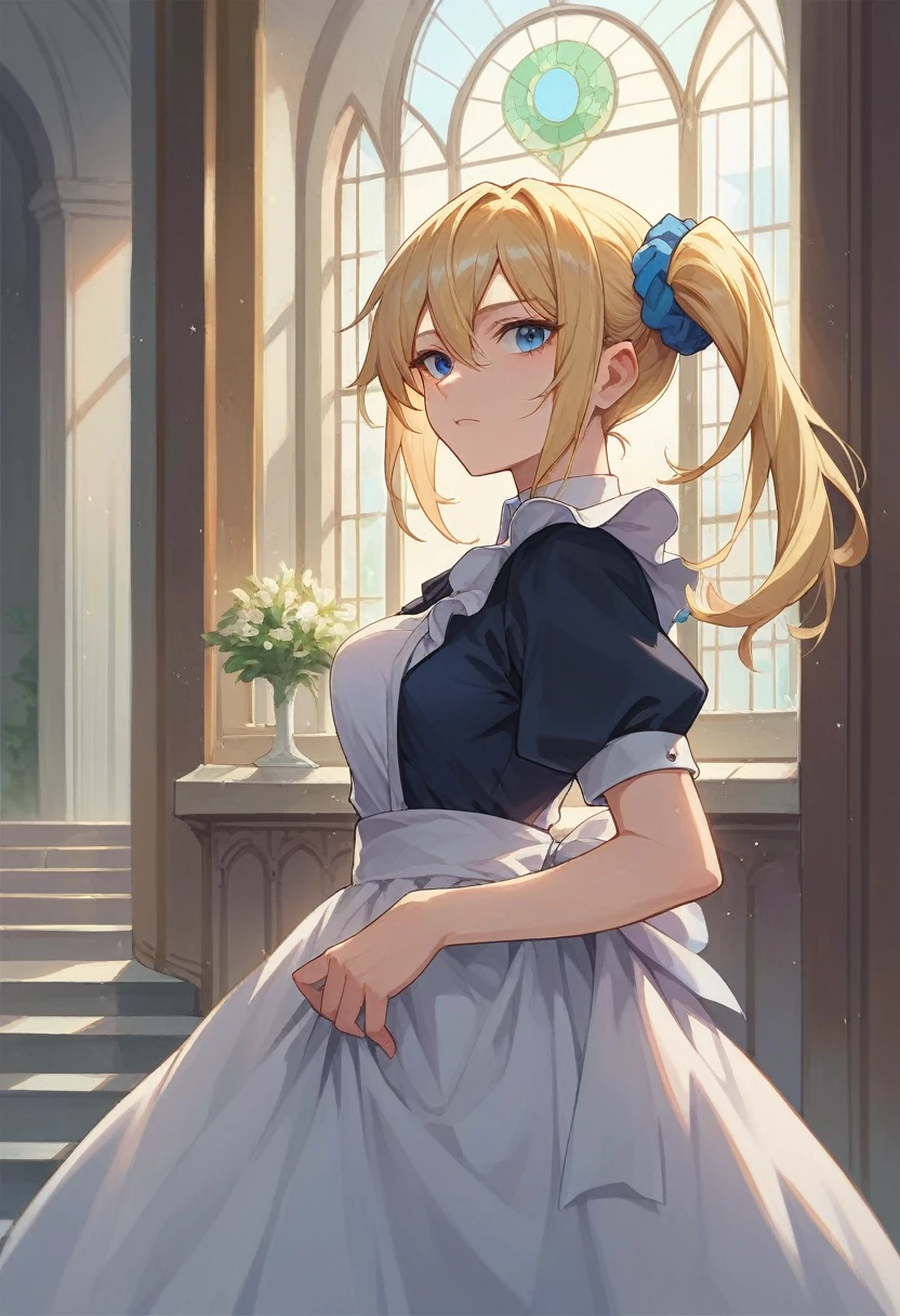 One girl, alone, indoor, Mansion, Highschool, blue eyes, Blonde, Side Ponytail, Blue Scrunchie, Maid&#39;s Headdress, Black vest, White shirt, Long sleeve, White Ascot, Waist apron, Expressionless 、Huge breasts:1.5、Big Breasts:2、blush、Staring at a huge penis、Embarrassed face:0.6