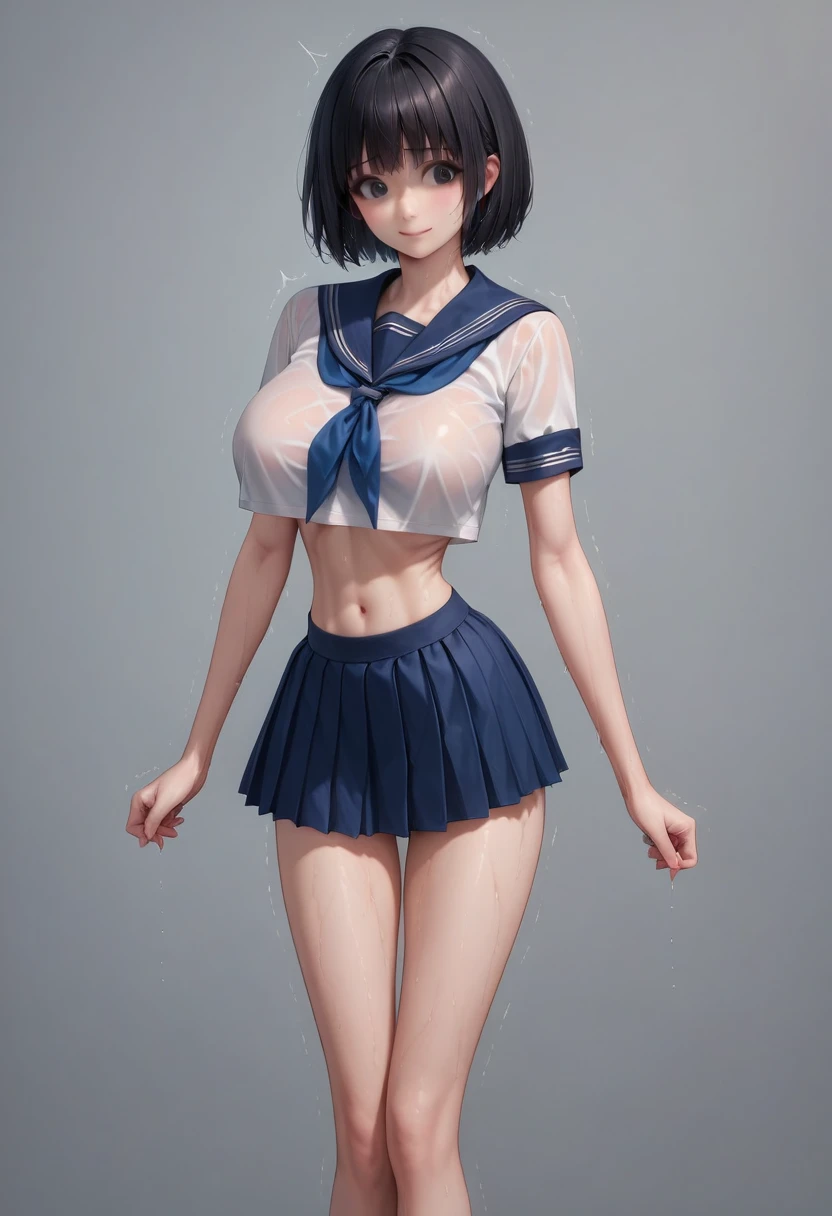 masterpiece, best quality:1.2), Realistic photo, front shot, beautiful thin 1girl, (super big breasts, micro waist, very long legs:1.3), Black hair, short bob hair, (Extremely skinny), short height, Light Skin, cute big eyes, Small Mouth, cute beautiful thin face, forced smile, serafuku, mini skirt, Arched back, pigeon-toed, Embarrassing pose, Long and thin navel, (beautiful visible ribs), wet and sweaty, Trembling