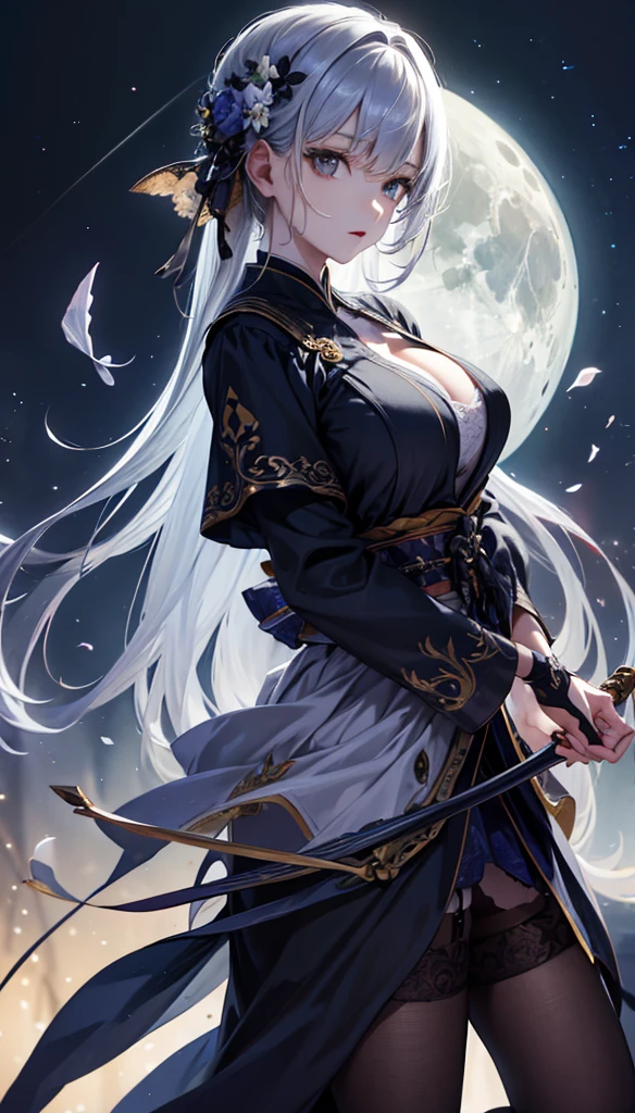 masterpiece, high quality, 4K, Beautiful design, silhouette，Silver Hair， 非常に詳細な夜のStarry Sky,Flower Field， wonderful, Finer details,  Very knowledgeable woman,Devil Highly detailed solo, 1 female,Big Breasts，camisole，mini skirt，garter belt，Night view，Starry Sky，full moon，