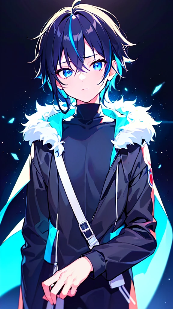 [(BLACK BACKGROUND:1.5),::5], ((((masterpiece)))), high quality, ultra very high resolution, full color, (((solo))), ((little boy)), BLACK hair, (Blue streaked hair), (oriental deepblue eyes), anime, ((upper body)), Summer clothes, neon light, black parka, 