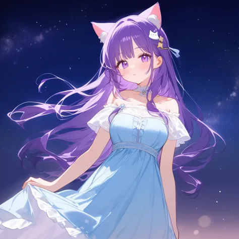 a beautiful maiden，has long purple hair，wearing a cute cat ear hair accessory。she was wearing a light blue dress with a star pat...