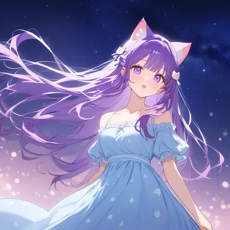 a beautiful maiden，has long purple hair，wearing a cute cat ear hair accessory。she was wearing a light blue dress with a star pat...