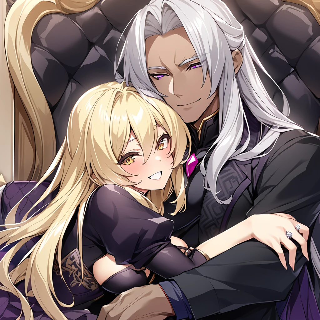 ((Highest quality)), ((masterpiece)), (detailed), （Perfect Face）、The woman has dark complexion, medium-long silver hair, is wearing an engagement ring, and is hugging the man with a happy expression.、The man is the evil leader, Naioro, a handsome man with medium-long blonde hair, wearing a black bodysuit and embracing a woman.、A man and a woman are sitting close together on a luxurious throne、A man and a woman are a deeply loving couple