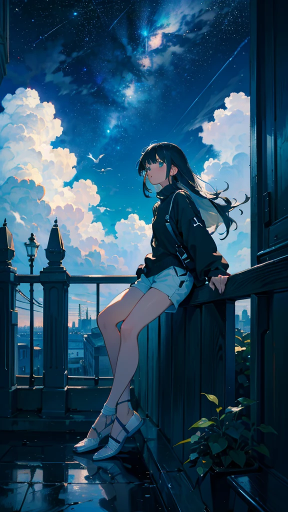 masterpiece, Exquisite detail,Highest quality, One girl, alone, handrail, cloud, Looking up at the buildings,Long Hair, NULL, Long sleeve, Power lines, White footwear, Black Hair, View your viewers, Electric pole, bangs, cloudy NULL, fish, bird, Green Eyes, Shorts, Day, Black Shirt, barefoot,Whale flying in the sky,Giant whale,night,star,milky way,night,Pitch black,Buildings,Sitting