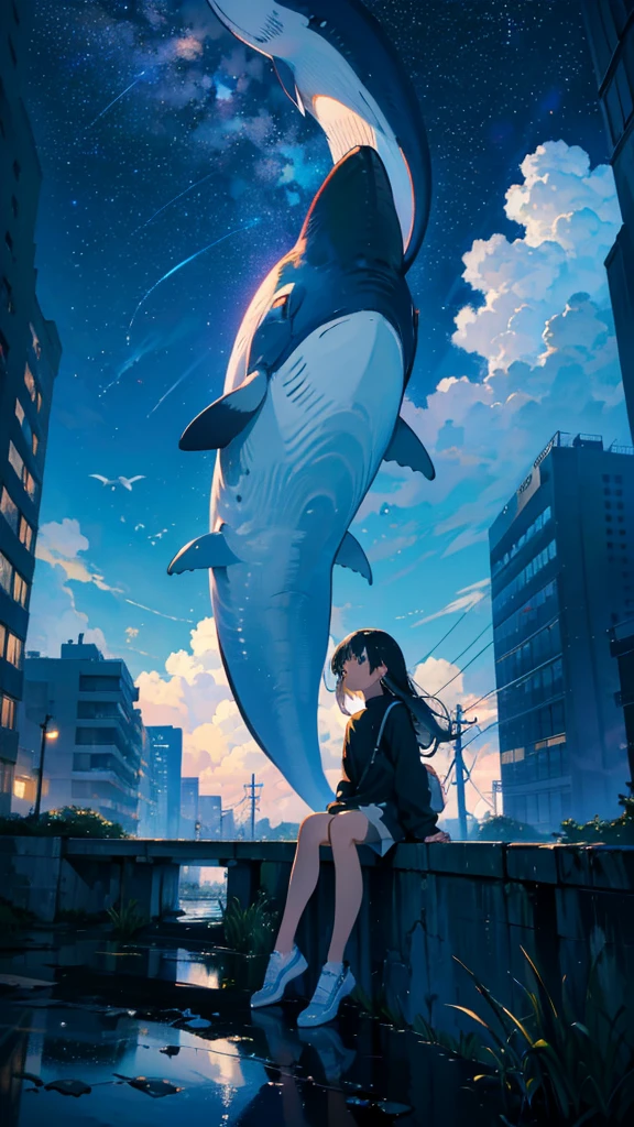 masterpiece, Exquisite detail,Highest quality, One girl, alone, handrail, cloud, Looking up at the buildings,Long Hair, NULL, Long sleeve, Power lines, White footwear, Black Hair, View your viewers, Electric pole, bangs, cloudy NULL, fish, bird, Green Eyes, Shorts, Day, Black Shirt, barefoot,Whale flying in the sky,Giant whale,night,star,milky way,night,Pitch black,Buildings,Sitting