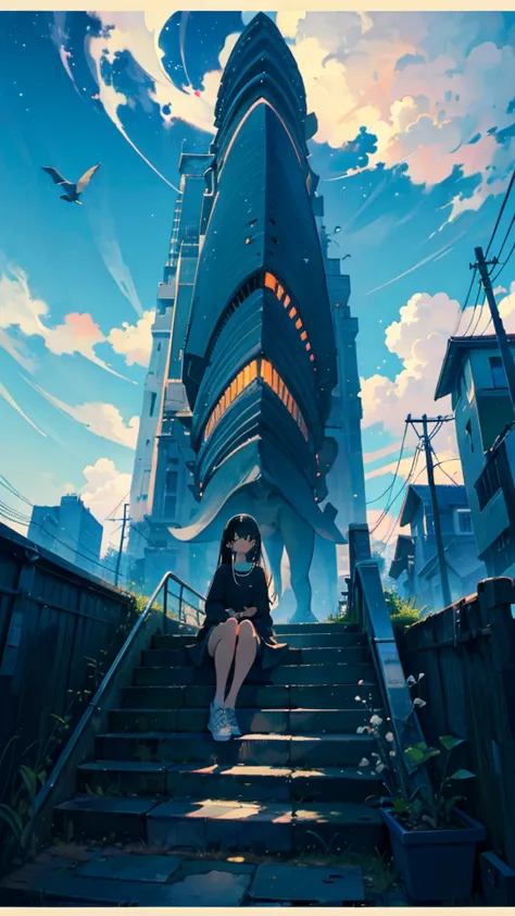 masterpiece, exquisite detail,highest quality, one girl, alone, handrail, cloud, looking up at the buildings,long hair, null, lo...