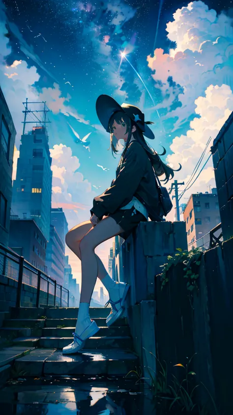 masterpiece, exquisite detail,highest quality, one girl, alone, handrail, cloud, looking up at the buildings,long hair, null, lo...