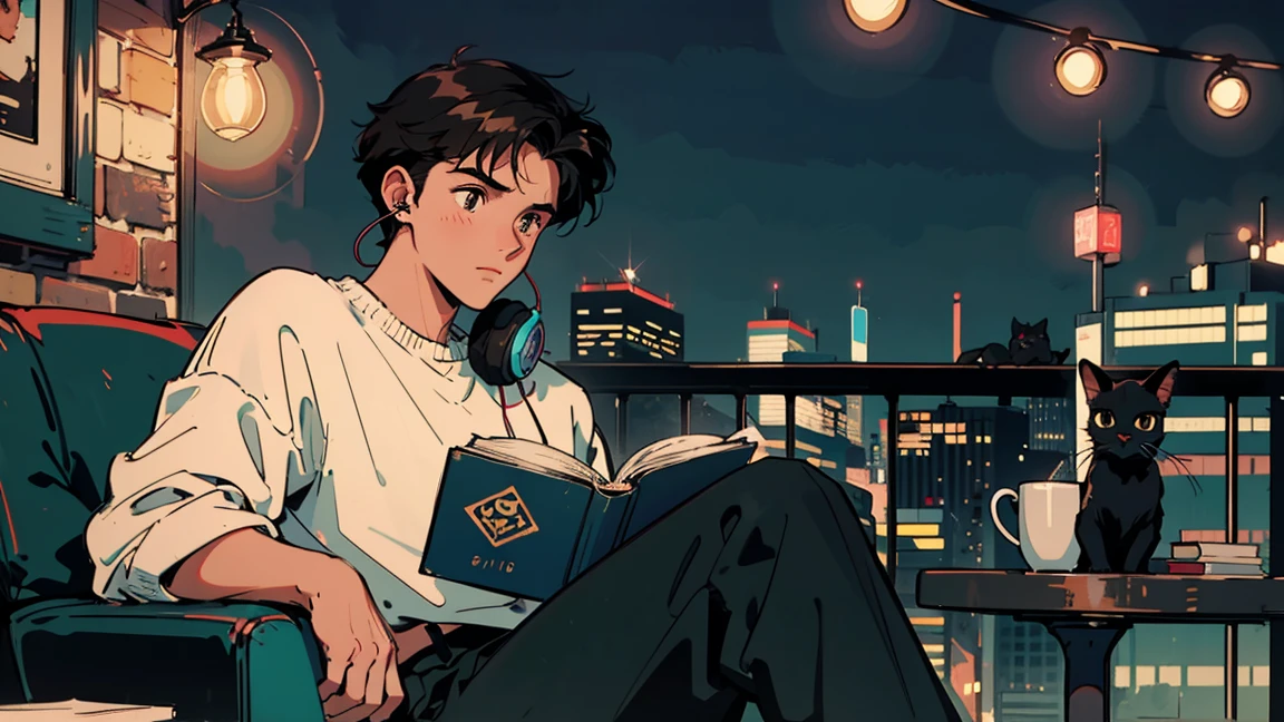 best quality, 8k, 1990s style,2010s hairstyles, 21-year-old boy, black hair, light brown eyes, city pop, pants ,night view, wearing headphones,reading a book, whole body,  relax coffee,table,confection,Looking at me, Black cat
