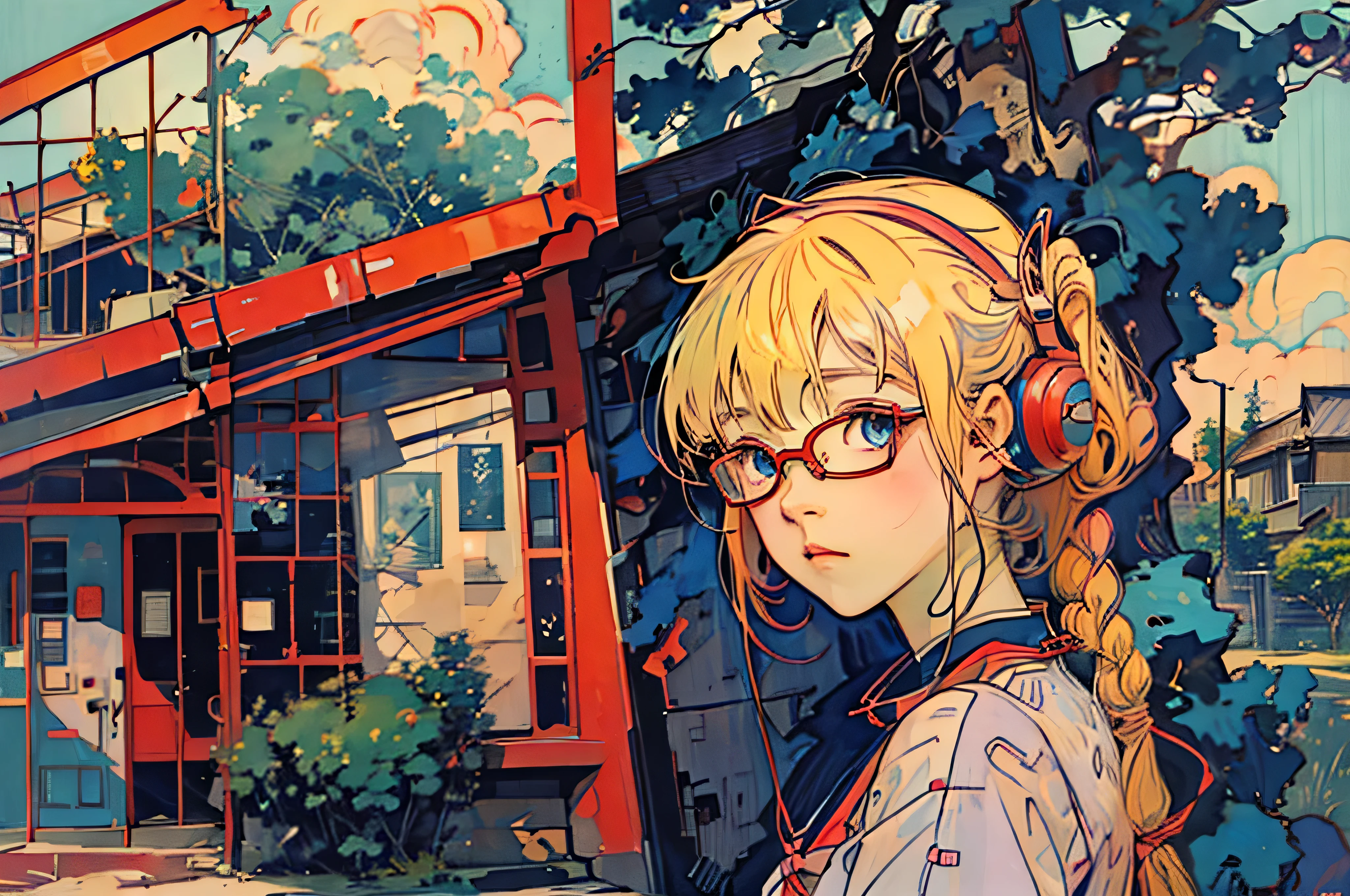 anime,An illustration,purple robot,Mobile Suit,Dom,Light blue check dress,Red glasses,Blonde,Light blue mesh hair,beautiful girl,Sora Sakurano,One person