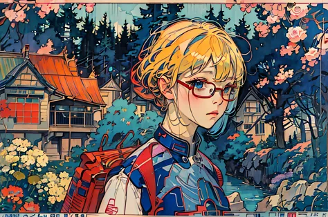 anime,An illustration,purple robot,Mobile Suit,Dom,Light blue check dress,Red glasses,Blonde,Light blue mesh hair,beautiful girl...