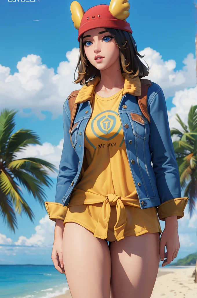 (4k, best quality, masterpiece:1.2), (realistic, photo-realistic:1.37),skye , on a beach, , , yellow long shirt, blue eyes , thick things, aroused, horny, cum, red hat, standing, naked, jacket